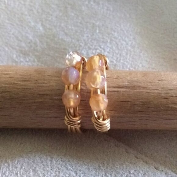 Apricot + Pale Tangerine Agate ~ Beaded Gemstone Rings - Handmade Sz 5.75 + 6 - Picture 6 of 8